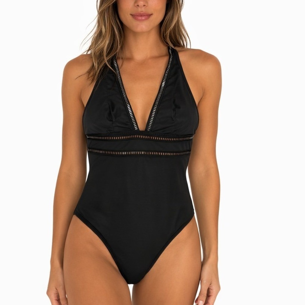 Sea‎ Level Swim One Piece Swimsuit Women US 10 Black Mesh Insert V-Neck Chic